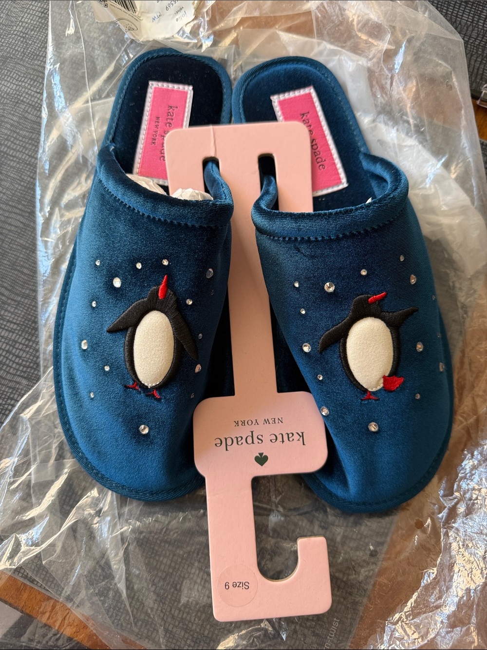 kate spade navy blue penguin slip-on adult slippers